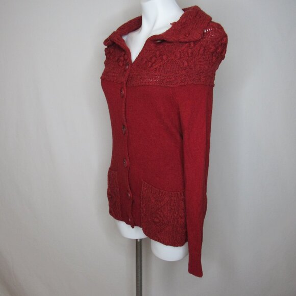 Sleeping On Snow Anthropologie Red Cablepom Cardigan Sweater Women's S Small - Picture 2 of 9